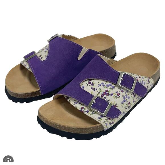 Birkenstock Purple Floral Two Strap Sandals Cork Footbed Size 6 37 - Picture 1 of 4